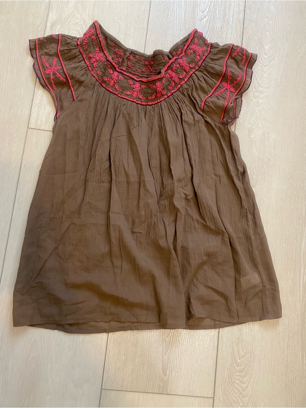 Old Navy Brown Blouse with Pink Embroidered Yoke